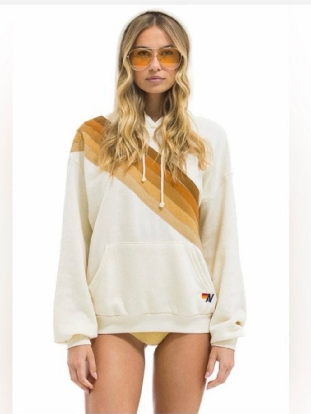Aviator Nation Cross Stripe Relaxed Pullover Hoodie Vintage White/Brown Small